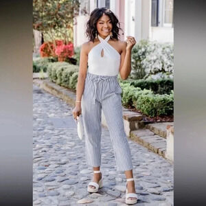 Love Tree Blue Striped Paper Bag Pant - Medium